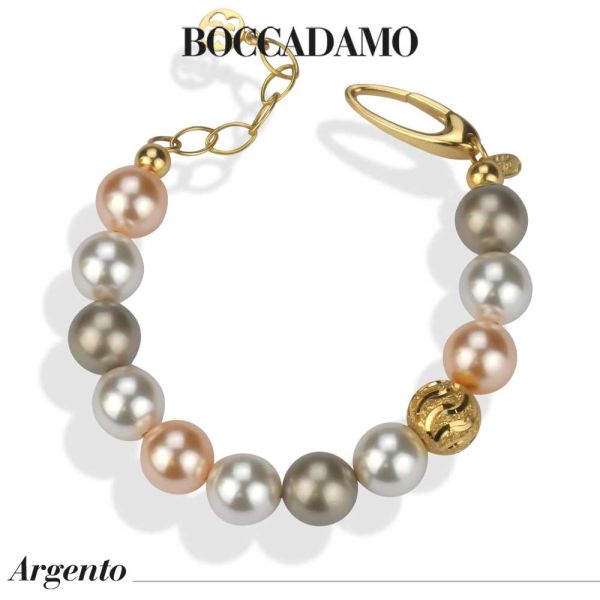 YELLOW GOLD PLATED BRACELET WITH PLATINUM, PEACH AND WHITE PEARLS.