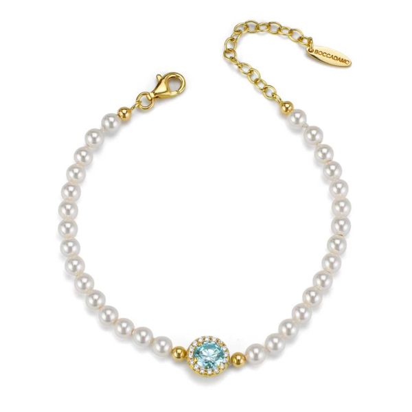 PEARL BRACELET WITH CENTRAL ROUND AQUAMARINE ZIRCONIA
