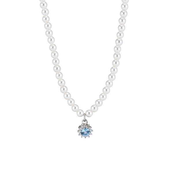 PEARL NECKLACE WITH AQUAMARINE ZIRCONIA FLOWER PENDANT