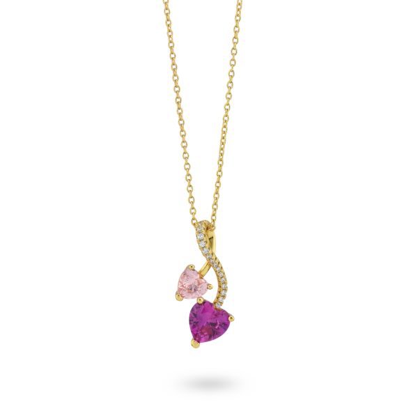 GELBVERGOLDETE HALSKETTE MIT ZWEI ROSA UND RUBINHERZEN ZIRKONIA