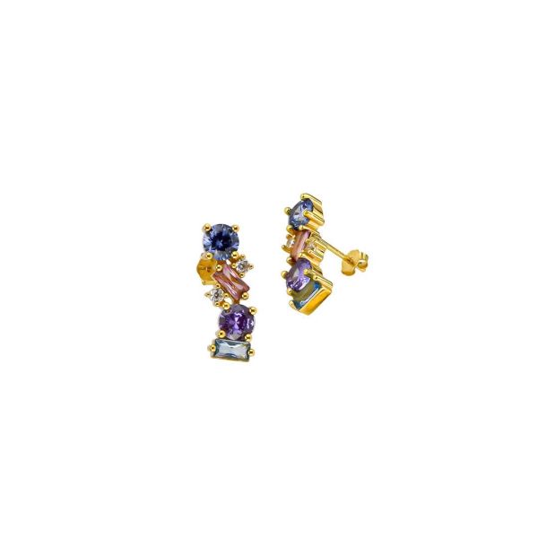 YELLOW GOLD PLATED EARRINGS WITH MULTICOLORED ZIRCONIA
