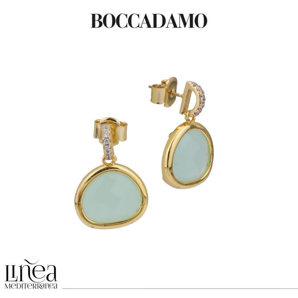 GOLD COLORED EARRINGS WITH ZIRCONIA AND WATER COLORED CRYSTAL MILK PENDANT