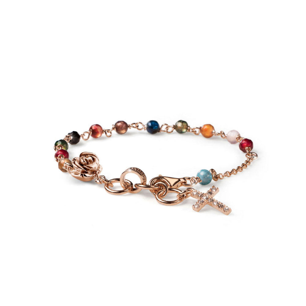 DAMEN-ARMBAND SILBER-ROSGOLD-MISCHSTEINE MIT KREUZ UND ROSE