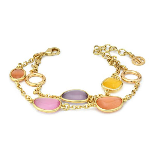 BRACCIALE PLACCATO ORO GIALLO A DOPPIO FILO CON CINQUE CRISTALLI MULTICOLOR E MIDULI CIRCOLARI