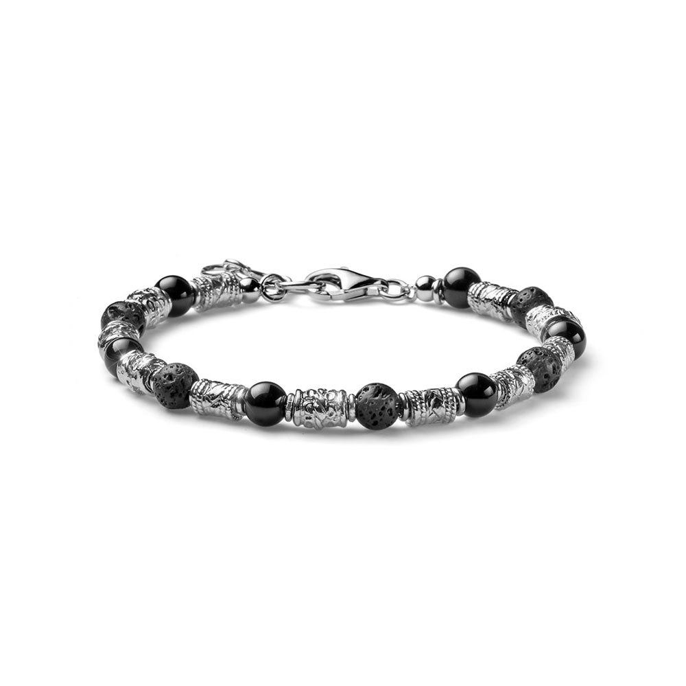 BRACCIALE UOMO COLLEZIONE SIENA ARGENTO PERLE DI LAVA E AGATA NERA