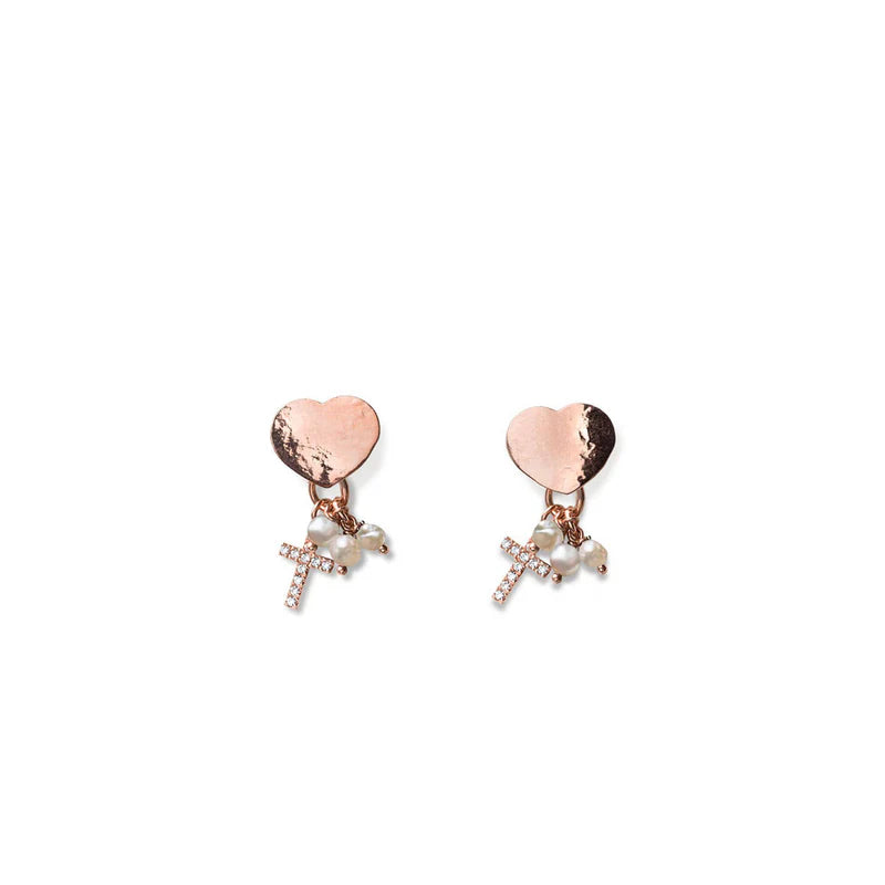 ORECCHINI DONNA DREAMS CUORE ARGENTO ROSA PERLE BIANCHE E CROCE