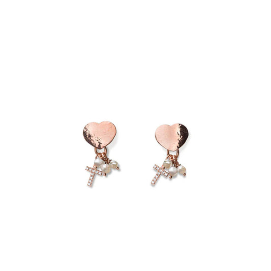 ORECCHINI DONNA DREAMS CUORE ARGENTO ROSA PERLE BIANCHE E CROCE